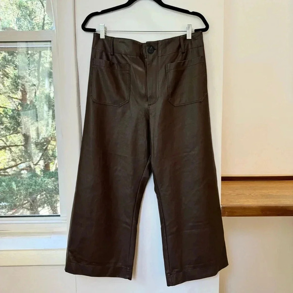 New Anthropologie The Colette Cropped Wide Leg Pants Faux Leather Brown 32P - Picture 6 of 14